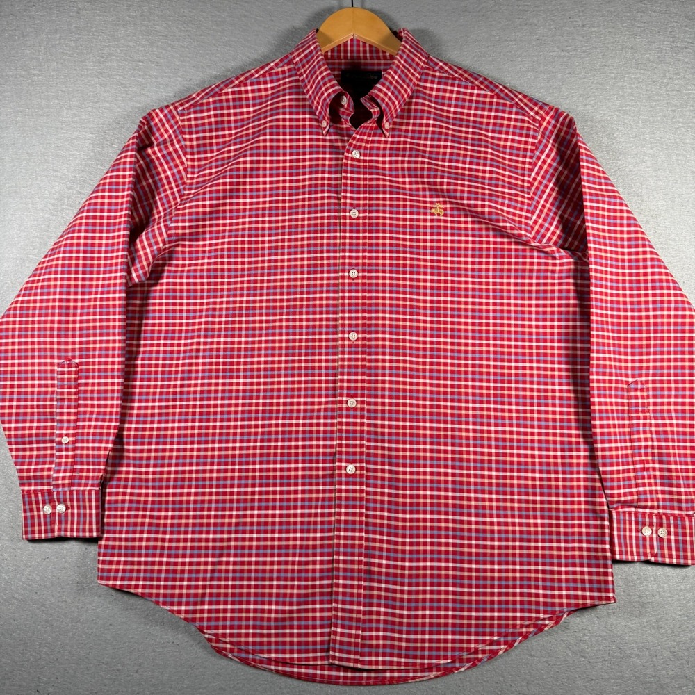 Brooks Brothers Men XL Red Blue Tattersall Supima Cotton Non-Iron Shirt Long Slv